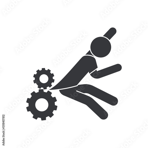 Isolated pictogram man with clothing caught in rotating machine gear, cogwheel safety caution sign