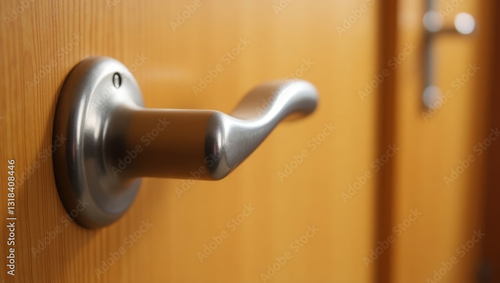Obraz premium Stainless steel door handle or knob featuring a keyhole on a wooden door, wave-style lever handle front door knob with lock, modern interior design idea, shallow depth of field.