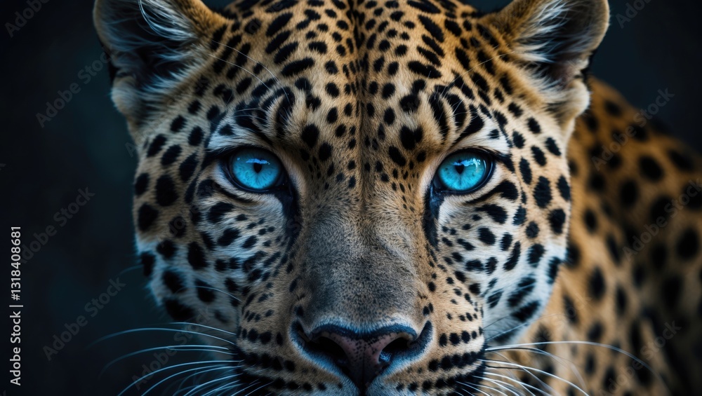 Obraz premium Confident gaze of blue-green eyes from a powerful leopard in the dark, full-face portrait of a powerful beast.