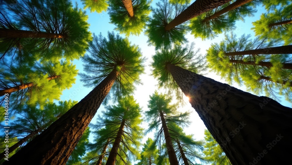 Naklejka premium View from below of impressive spruce trees in the forest.