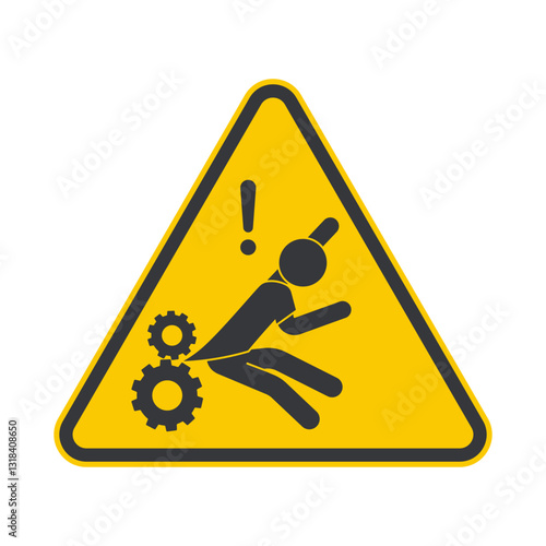 Triangle yellow safety sign man with clothing caught in rotating machine gear, cogwheel safety caution sign