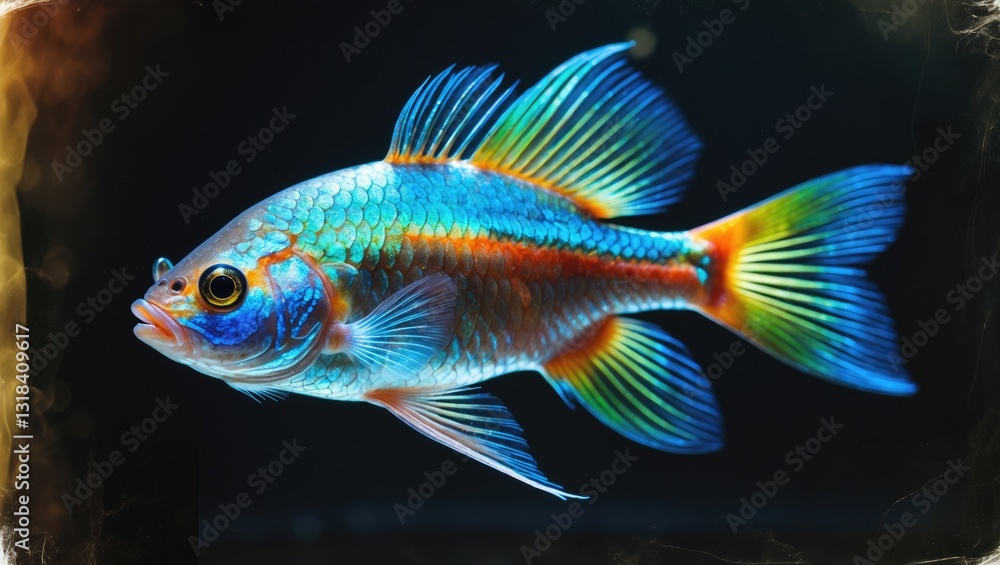 Fototapeta premium Macro closeup of multi-color fighting fish set against a black background, with the fish gracefully swimming and moving on a dark backdrop.