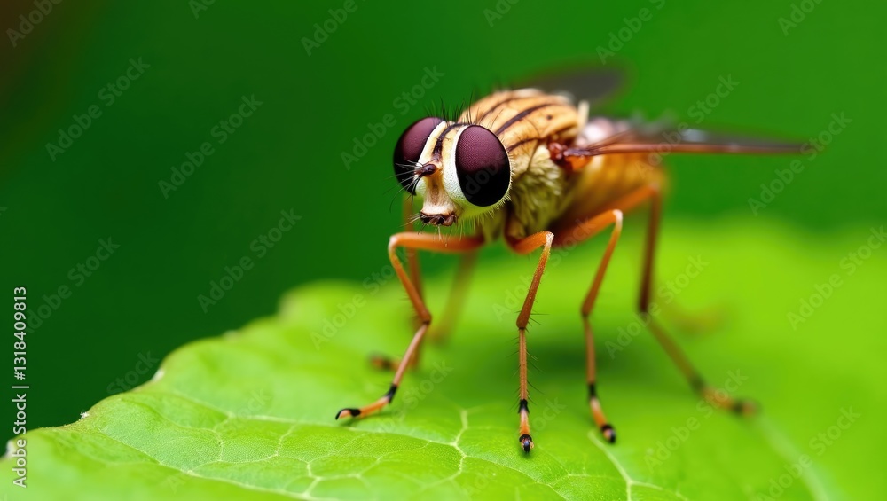 Close-up of the robber fly resting on a green leaf. Close-up of the robber fly resting on a green leaf.