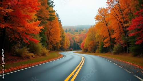 Fototapeta Naklejka Na Ścianę i Meble -  Curvy asphalt parkway road winding through the forest during fall rhapsody, vibrant autumn foliage, landscape.