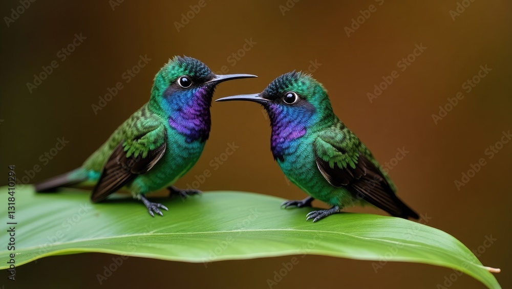 Obraz premium Bird pair affection. Violet throat small bird from mountain cloud forest. Wildlife in tropical nature.