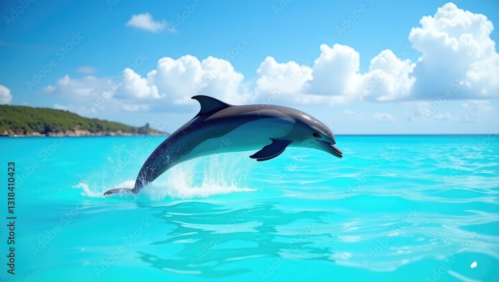 Naklejka premium Common bottlenose dolphin leaping in the air, ocean