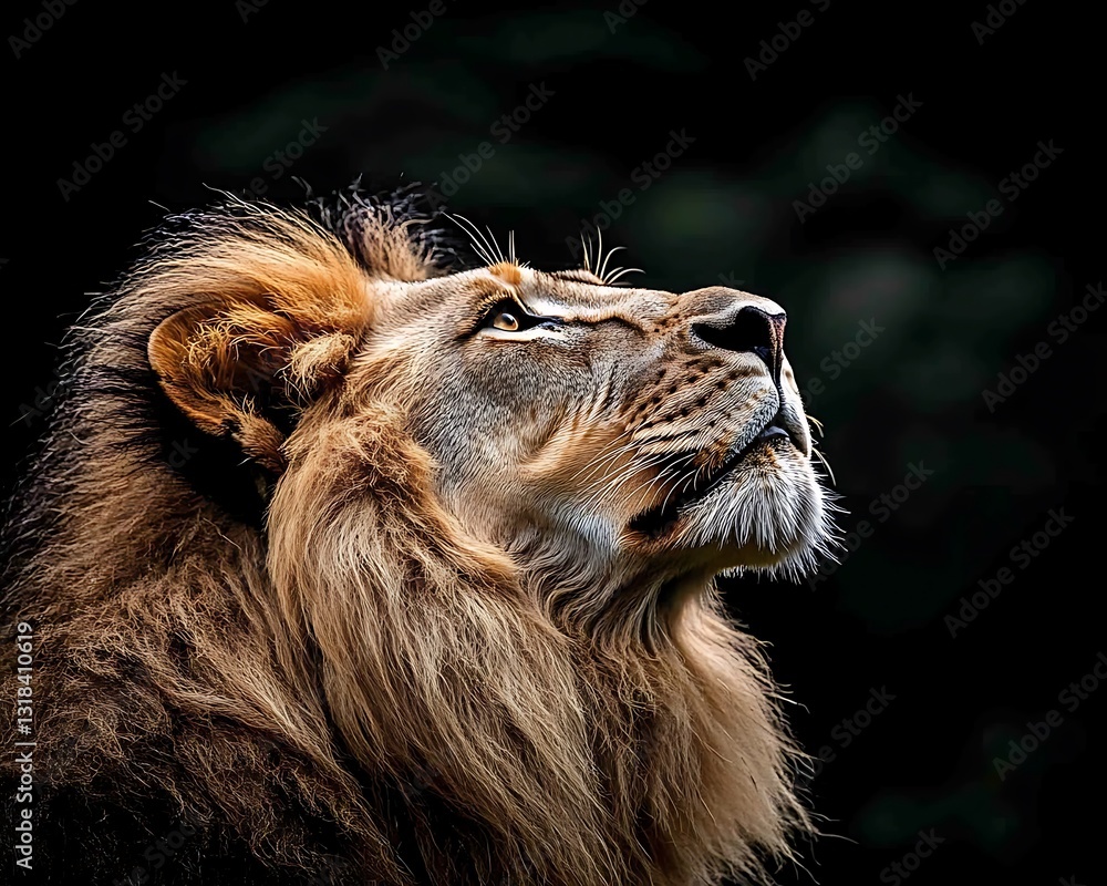 Naklejka premium Majestic Lion Gazing Upward, Dark Background