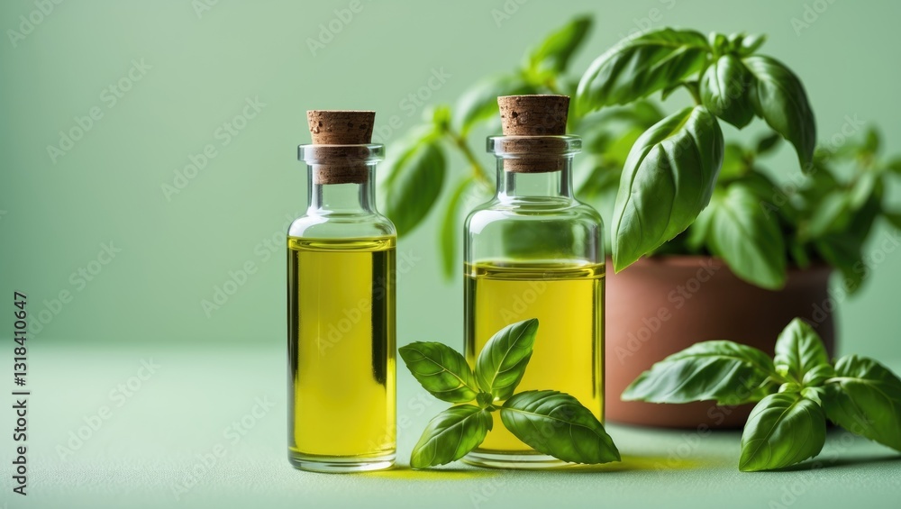 Bottles of basil oil alongside leaves with a background that has space for text in color. Bottles of basil oil alongside leaves with a background that has space for text in color.