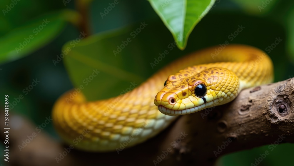 Obraz premium Craspedocephalus yellow flat-nosed snake observed closely on wood