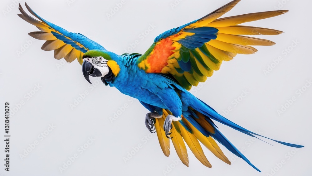 Obraz premium Colorful flying blue and gold macaw parrot against a white backdrop.