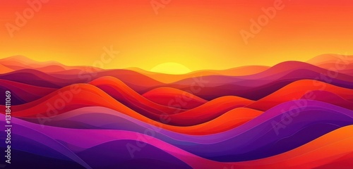 Panoramic view of sunset with orange and lavender colors in dynamic abstract waves.