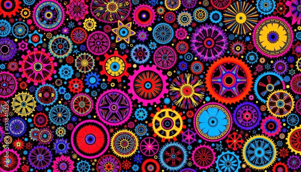 Vibrant gears and cogs artwork digital creation abstract design colorful environment dynamic viewpoint