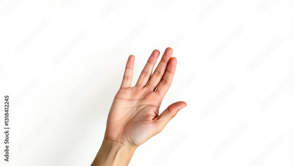 Close-up of a man's hand making a goodwill gesture. An open outstretched hand, displaying five fingers, extended in a greeting. Close-up of a man's hand making a goodwill gesture. An open outstretched hand, displaying five fingers, extended in a greeting.