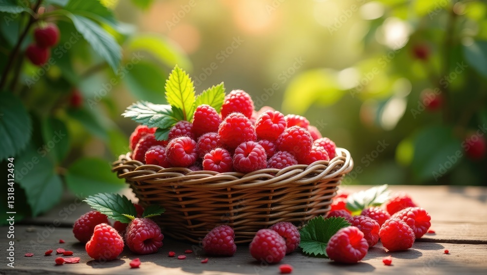 Basket of fresh raspberries on wooden table Basket of fresh raspberries on wooden table