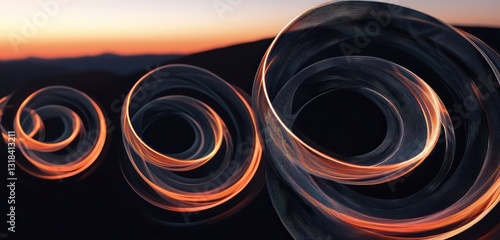 Charcoal and black spirals illuminated dynamically, set against a twilight backdrop from above.