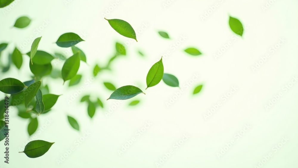 Green Floating Leaves and Flying Leaves with Green Leaf Dancing, Air Purifier Atmosphere Simple Main Image on white background Green Floating Leaves and Flying Leaves with Green Leaf Dancing, Air Purifier Atmosphere Simple Main Image on white background