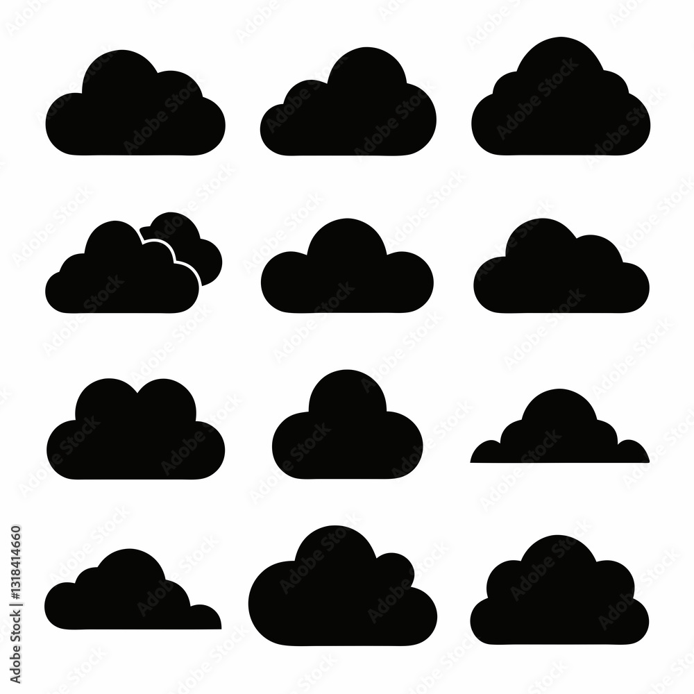 Cloud Icon Vector Set - Black Silhouette Design Cloud Icon Vector Set - Black Silhouette Design