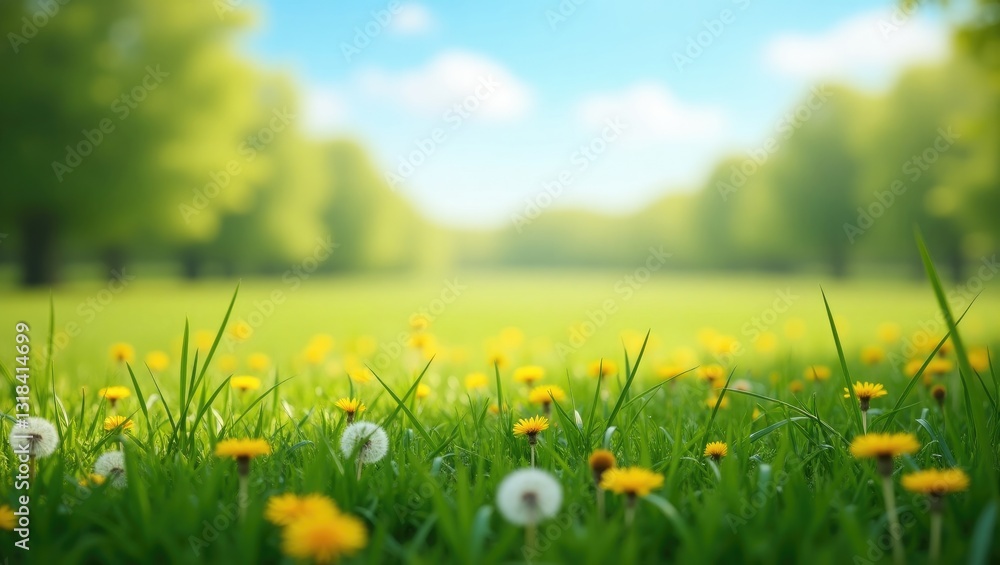 Wide format image showcasing a pristine forest lawn with fresh grass and yellow dandelions set against a defocused background. Wide format image showcasing a pristine forest lawn with fresh grass and yellow dandelions set against a defocused background.