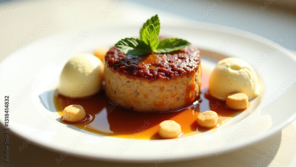 Beef cutlet served with grilled cauliflower, topped with gravy and cheese sauce on a white plate. Elegant beefsteak against a light background. Minced meat ball. Beef cutlet served with grilled cauliflower, topped with gravy and cheese sauce on a white plate. Elegant beefsteak against a light background. Minced meat ball.