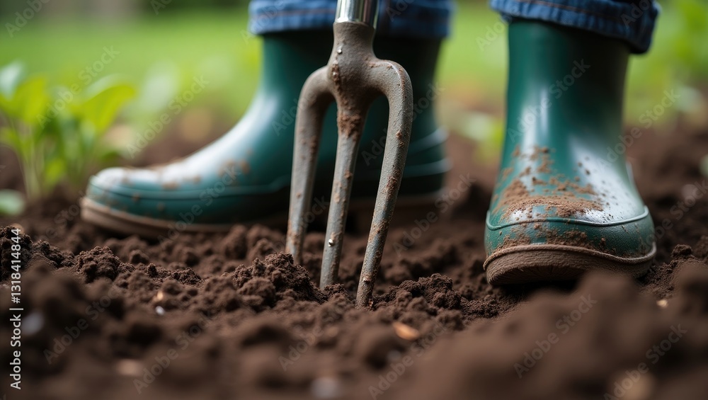 Gardener using a garden fork to dig the earth for soil cultivation in preparation for planting. Gardener using a garden fork to dig the earth for soil cultivation in preparation for planting.