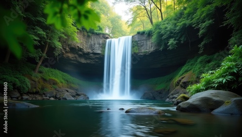 Waterfall landscape. Emphasis on waterfall, with leaves out of focus. Stunning waterfall in tropical rainforest. Jungle river. Excursion in rainforest. Slow shutter speed, motion photography.