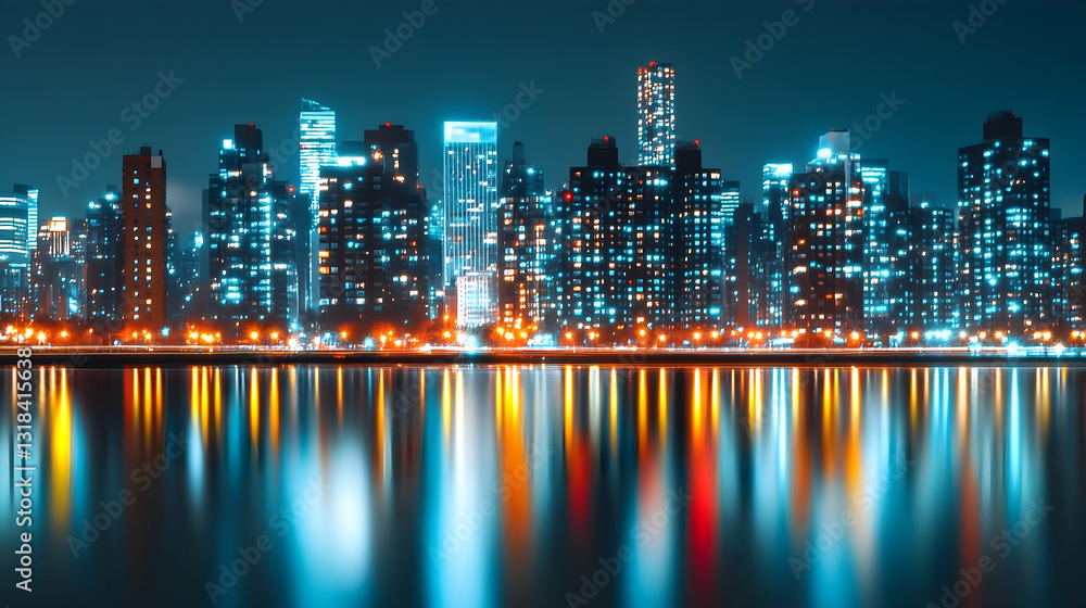 Fototapeta premium Vibrant Night City Skyline Reflected on Water