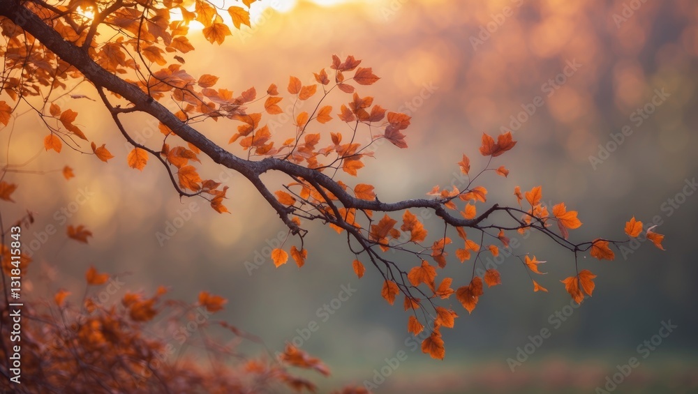 Autumn branch with dry leaves in the forest under the sunset backdrop. A sense of coziness, calmness, happiness, freedom, and relaxation. A retreat from the hustle and bustle. Autumn branch with dry leaves in the forest under the sunset backdrop. A sense of coziness, calmness, happiness, freedom, and relaxation. A retreat from the hustle and bustle.