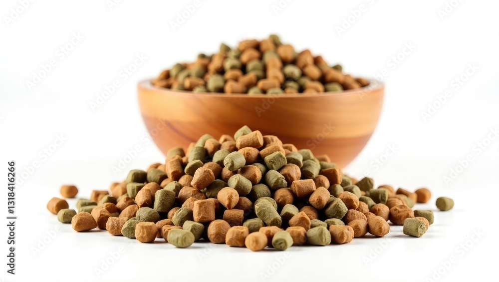 Dry kibble animal food. Isolated dried food for cats or dogs on a white background. Dry kibble animal food. Isolated dried food for cats or dogs on a white background.