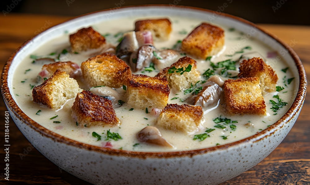 Creamy Mushroom Soup with Croutons and Parsley Creamy Mushroom Soup with Croutons and Parsley