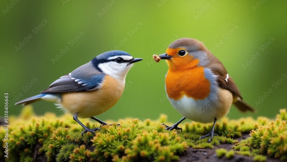 Fototapeta premium Eurasian nuthatch and robin in the woodland. Charming garden birds from distinct species engaging in a natural setting. Two vibrant birds in the background image.