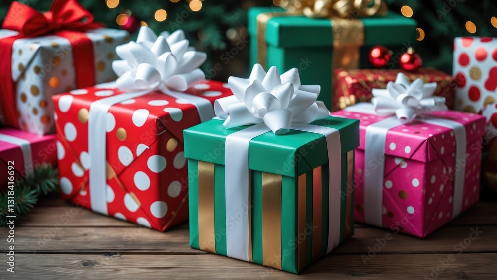Fototapeta premium Present and gift box decorated on a wooden table for the holidays.