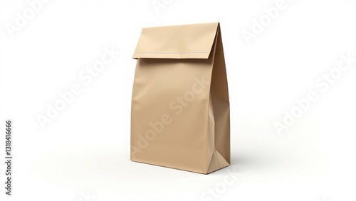 Brown craft paper bag packaging design featuring stitch sewing, isolated on a white background.