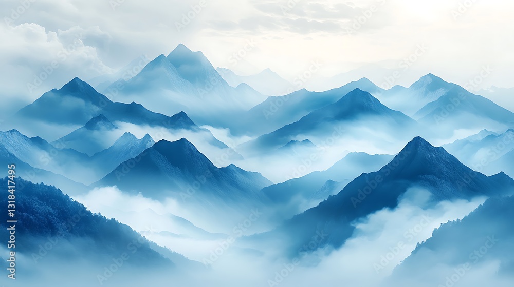 Obraz premium Abstract depiction of mountains and clouds in soft flowing gradients, muted blue and white tones with gentle transitions, creating a serene and harmonious composition, hd quality. --ar 16:9
