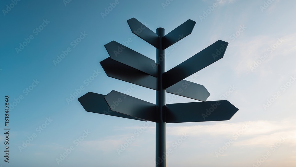 Empty dark metal signpost set against a sky background. Empty dark metal signpost set against a sky background.