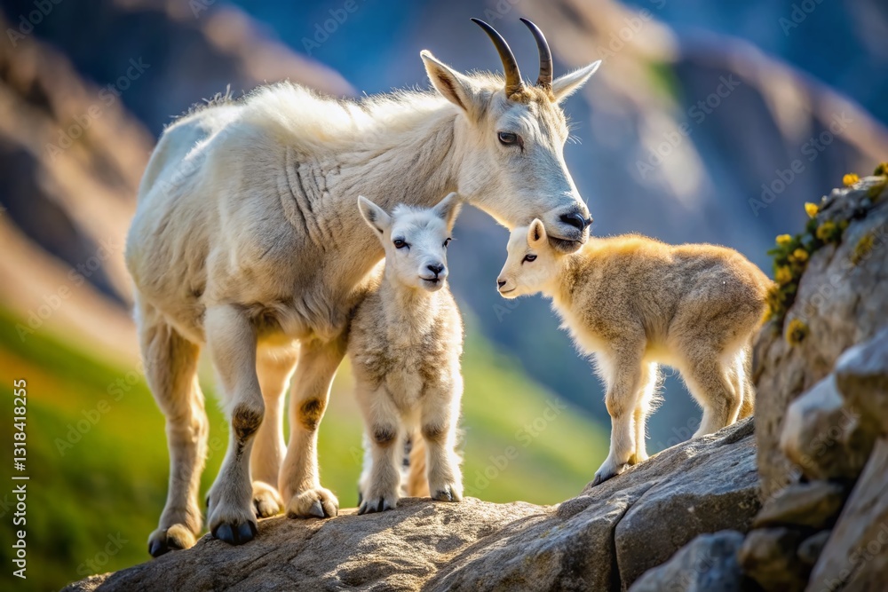 Mountain Goat Kids Clinging to Mom in Rocky Mountain Habitat Mountain Goat Kids Clinging to Mom in Rocky Mountain Habitat