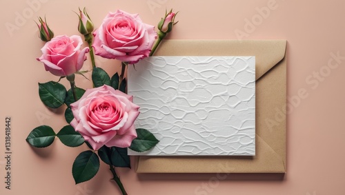 Greeting card framed with fresh rose flowers on a background, card mockup featuring copy space.