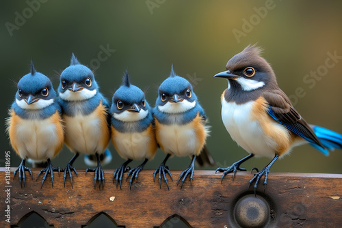 Birds perched on wooden fence against a green background
