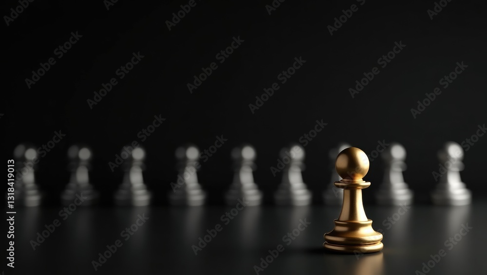 Gold pawn of chess. Unique, Think different, Individual, and distinguished from the crowd concept. Panoramic image. Gold pawn of chess. Unique, Think different, Individual, and distinguished from the crowd concept. Panoramic image.