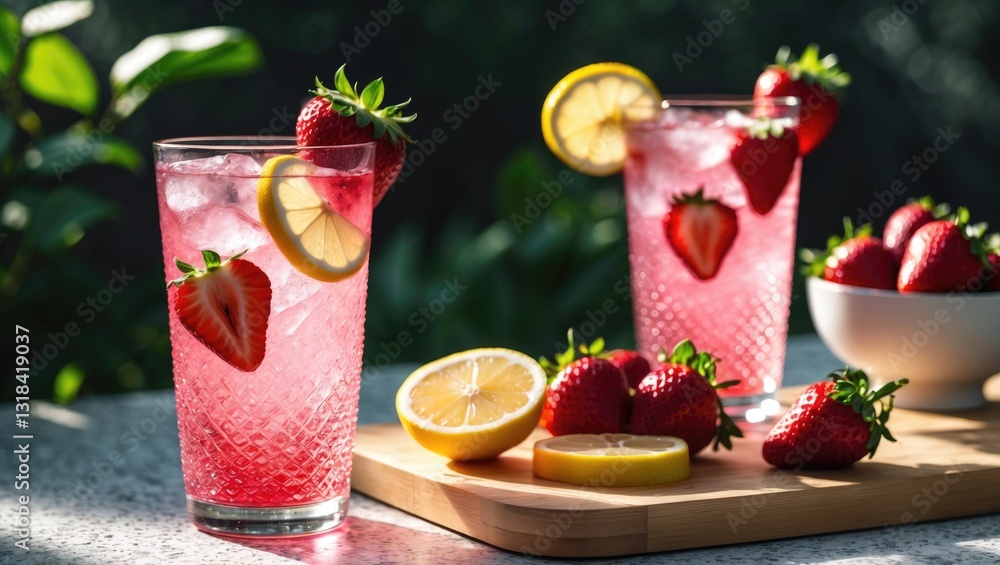 Refreshing summer strawberry beverage or non-alcoholic drink on a garden table. Sparkling pink strawberry lemonade. Refreshing summer strawberry beverage or non-alcoholic drink on a garden table. Sparkling pink strawberry lemonade.