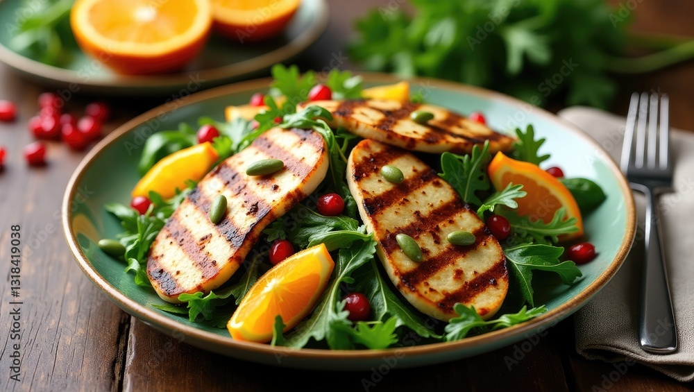 Grilled Halloumi Cheese salad featuring orange, rocket leaves, pomegranate, and pumpkin seed. Grilled Halloumi Cheese salad featuring orange, rocket leaves, pomegranate, and pumpkin seed.
