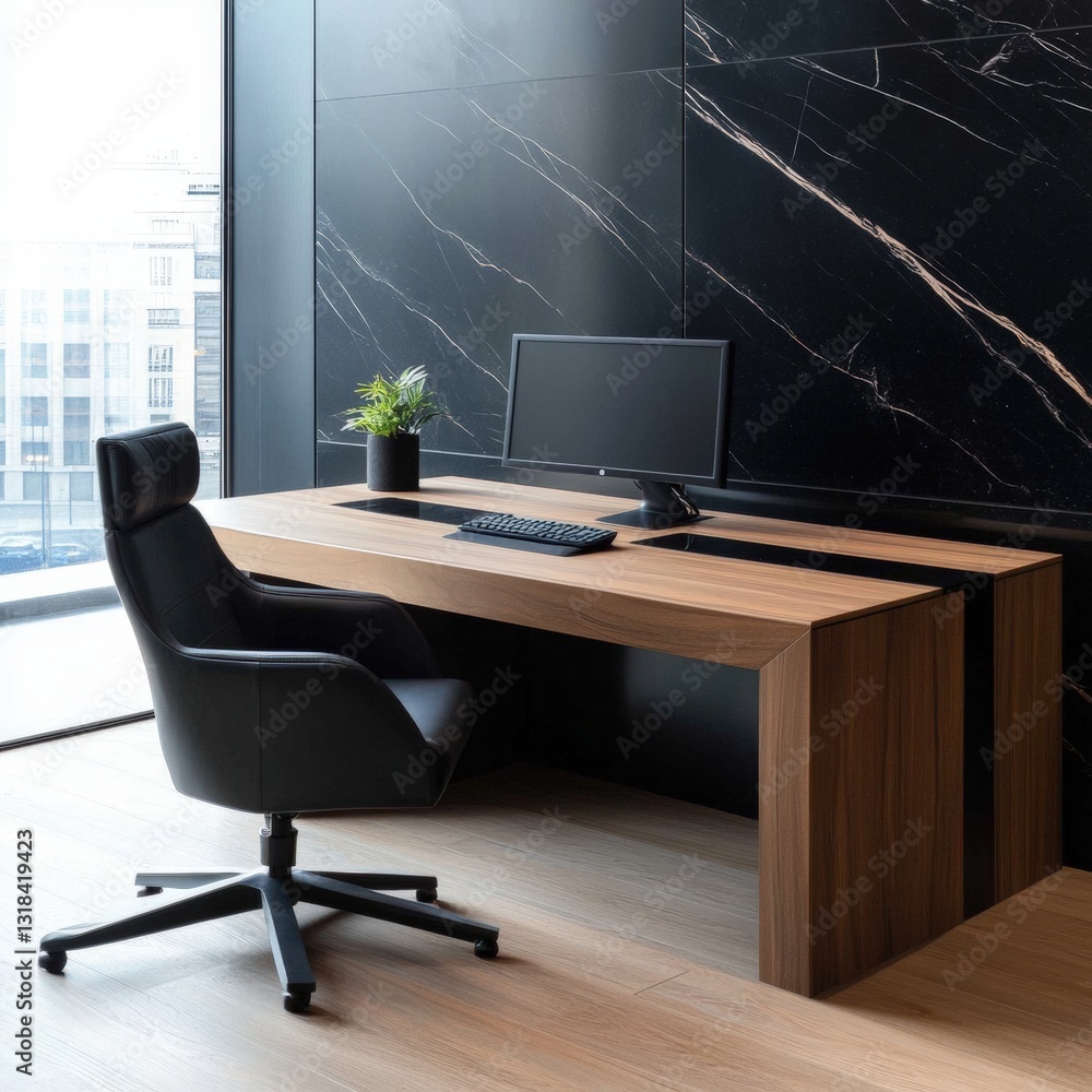 Fototapeta premium Sleek desk with a computer in a minimalist office design featuring clean lines and a functional workspace environment