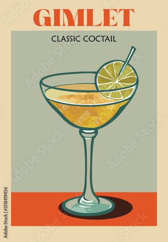 Cocktail retro poster. Sidecar classic cocktail. Popular alcohol drink. Vintage flat vector illustration for bar, pub, restaurant, kitchen wall art print.