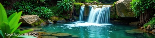 Small waterfall cascades into a crystal-clear pool amidst lush greenery, serene, water
