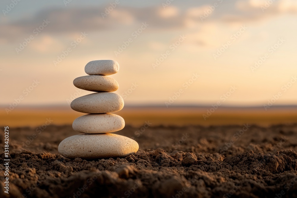 Fototapeta premium Balanced Stone Cairn on Soil with Tranquil Sunset Background
