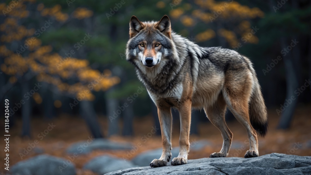Obraz premium gray wolf standing on a rock in a forest setting