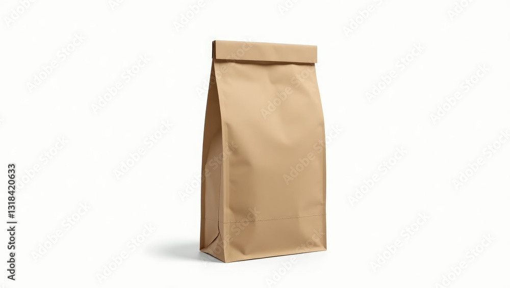 Brown craft paper bag packaging mockup with stitched seams, set against a white background. Brown craft paper bag packaging mockup with stitched seams, set against a white background.
