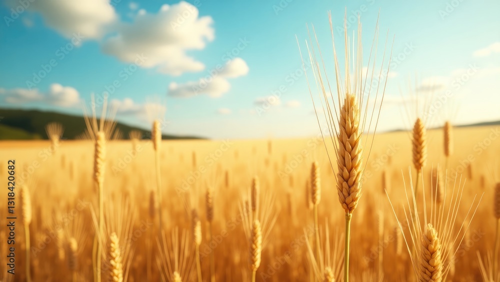 Naklejka premium Wheat field illuminated by the sun on a clear day.
