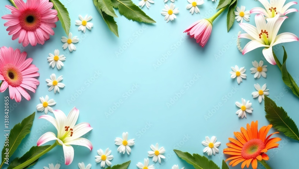 Obraz premium Spring flowers arranged on a pastel blue background. Natural concept with a romantic aesthetic.