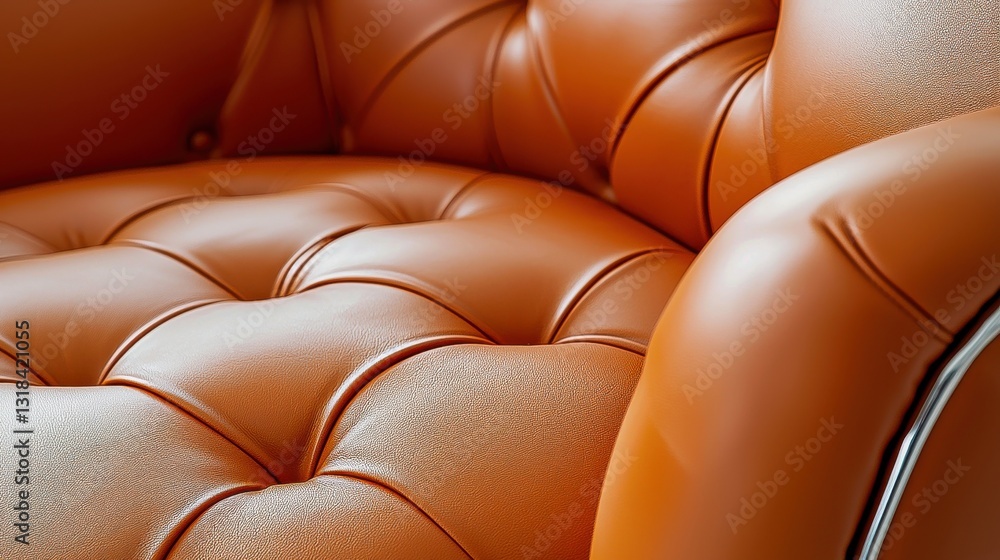 Obraz premium Comfortable Orange Leather Armchair Sofa Furniture Seat for Interior Design Inspiration - Cozy Modern Couch with Neutral Background