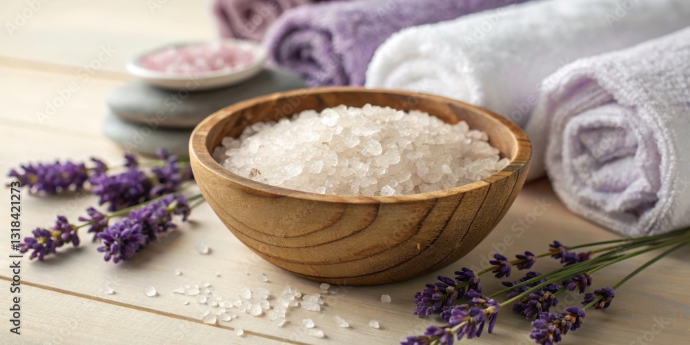 A Wooden Bowl Filled with Coarse Salt Crystals, Surrounded by Lavender Flowers and Rolled Towels, Creating a Relaxing Spa Setting A Wooden Bowl Filled with Coarse Salt Crystals, Surrounded by Lavender Flowers and Rolled Towels, Creating a Relaxing Spa Setting